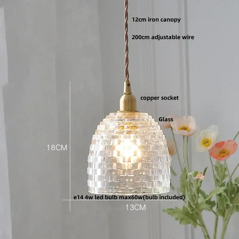 Modern amber glass ball led pendant light with textured clear glass ball and brass-colored copper socket for dining room