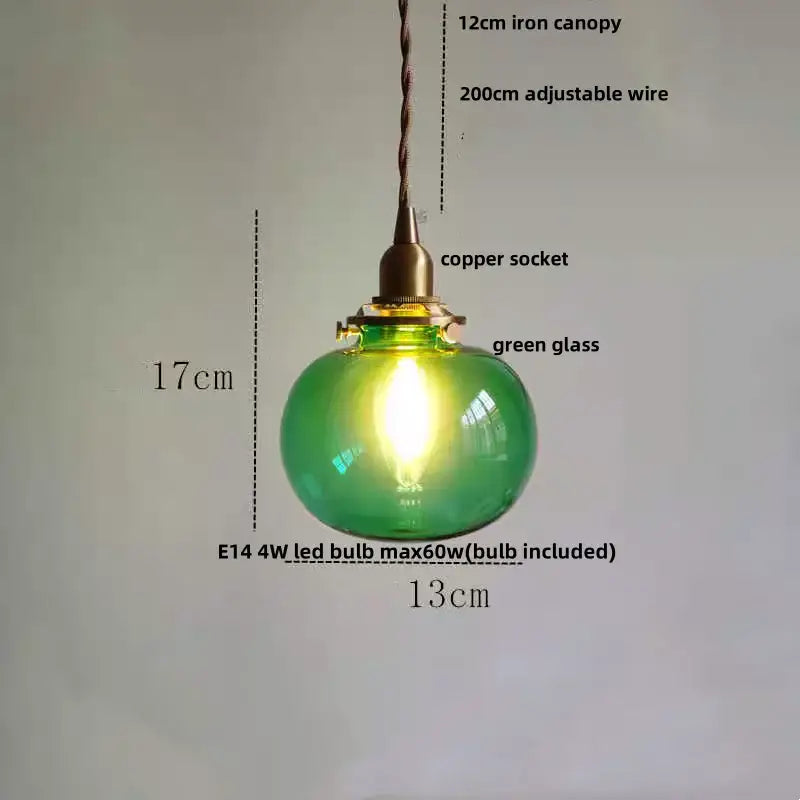 Modern amber glass ball led pendant light with green glass shade copper socket and adjustable wire for dining room