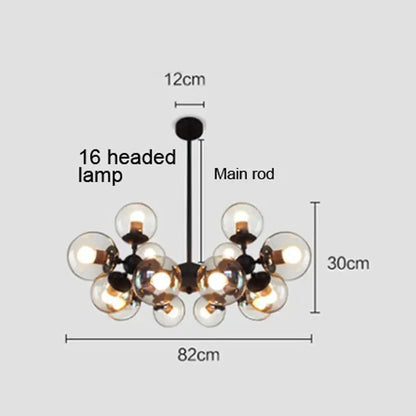 Modern black metal pendant light with 16 amber decorbites glass ball bulbs for dining room chandelier decor