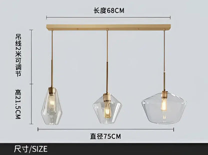 Modern amber glass chandelier pendant light with light wood bar and brass chains for dining room or living room use
