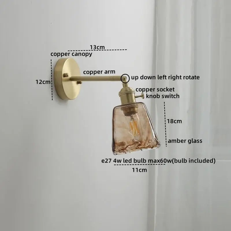 Modern amber glass copper led wall lamp with adjustable arm copper led wall sconce for bedroom lighting