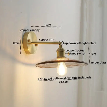 Modern amber glass copper led wall lamp with brass finish, rotating arm, and included e27 led bulb for bedroom sconce