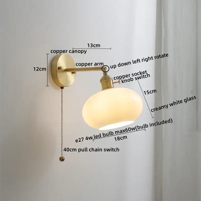 Modern amber glass copper led wall lamp with creamy white glass shade and adjustable copper led wall arm sconce