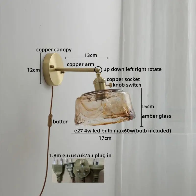 Modern amber glass copper led wall lamp with brass-finished canopy and textured hand-blown amber glass shade