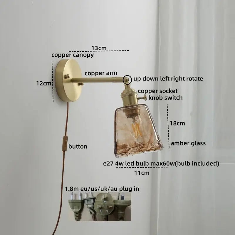 Modern amber glass copper led wall lamp with brass-finished copper canopy and arm for bedroom sconce lighting