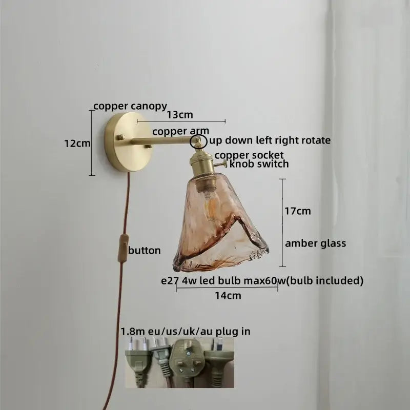 Vintage-style bedroom wall lamp with copper led wall arm and amber glass copper led shade diffusing warm light