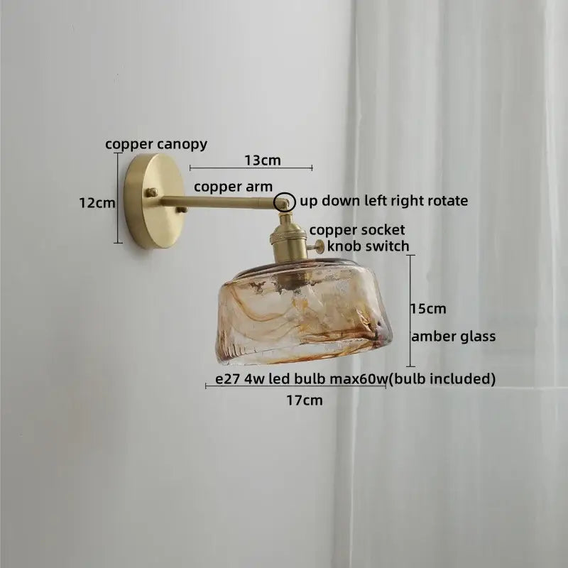 Modern amber glass copper led wall lamp featuring a vintage brass-finished copper arm with hand-blown glass shade