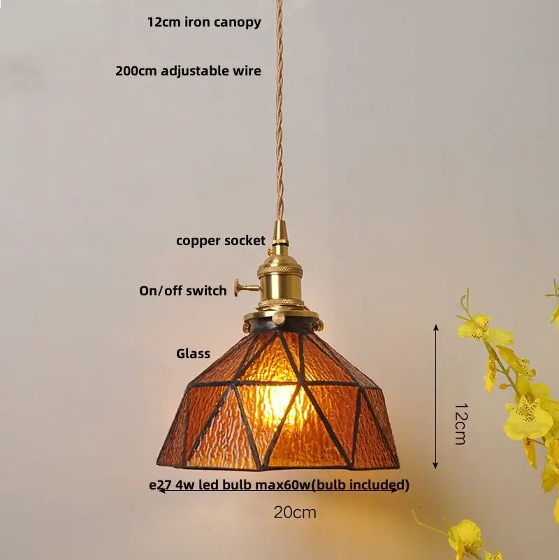 Modern amber glass led pendant lamp with warm amber-tinted stained glass and brass-finished copper socket for dining room