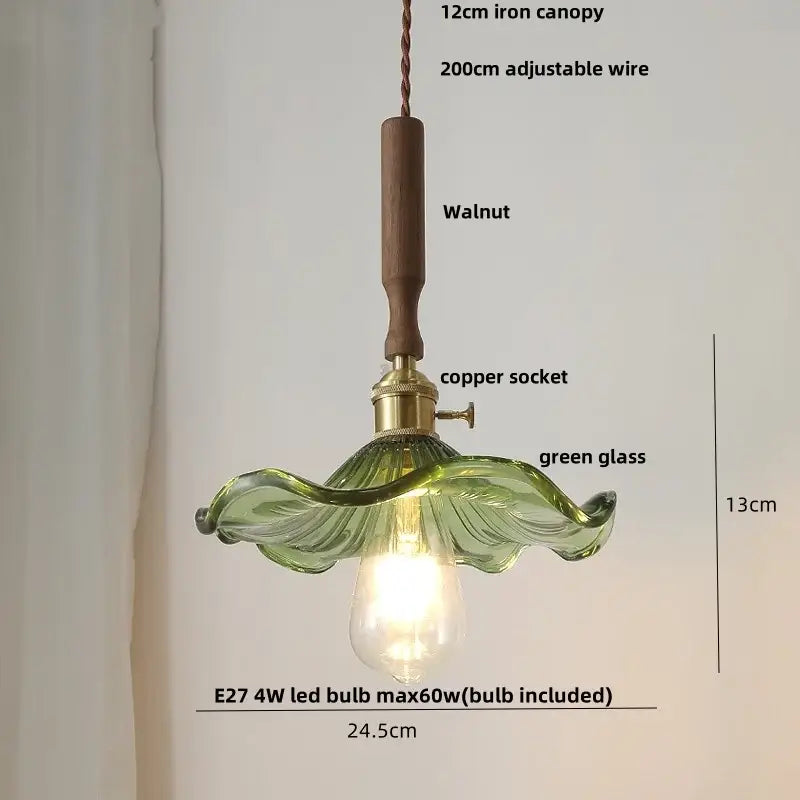 Modern amber glass led pendant lamp with delicate green flowing leaf design and brass socket for dining room use