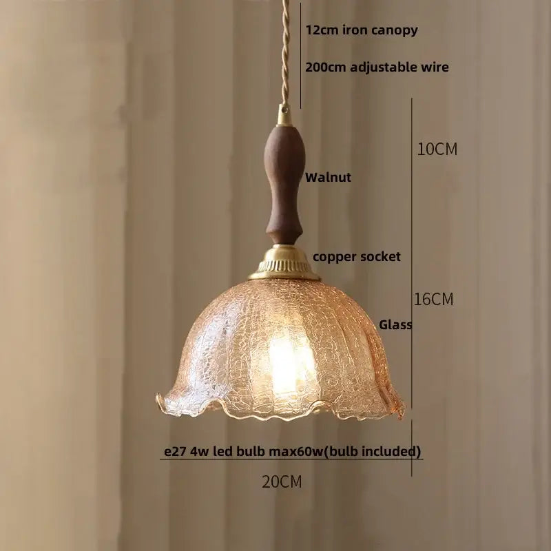 Modern amber glass led pendant lamp with warm amber crackled glass and walnut wood handle for dining room lighting