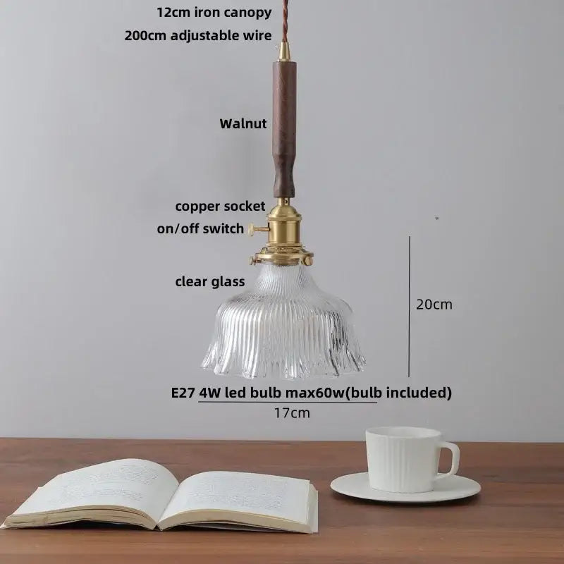 Vintage-style amber glass led pendant lamp with walnut wood handle brass socket and clear ribbed glass shade for dining room