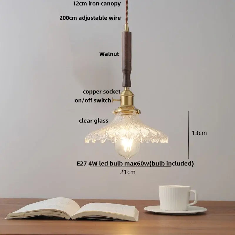 Modern amber glass led pendant lamp with walnut wood handle, brass copper socket, and floral clear glass shade