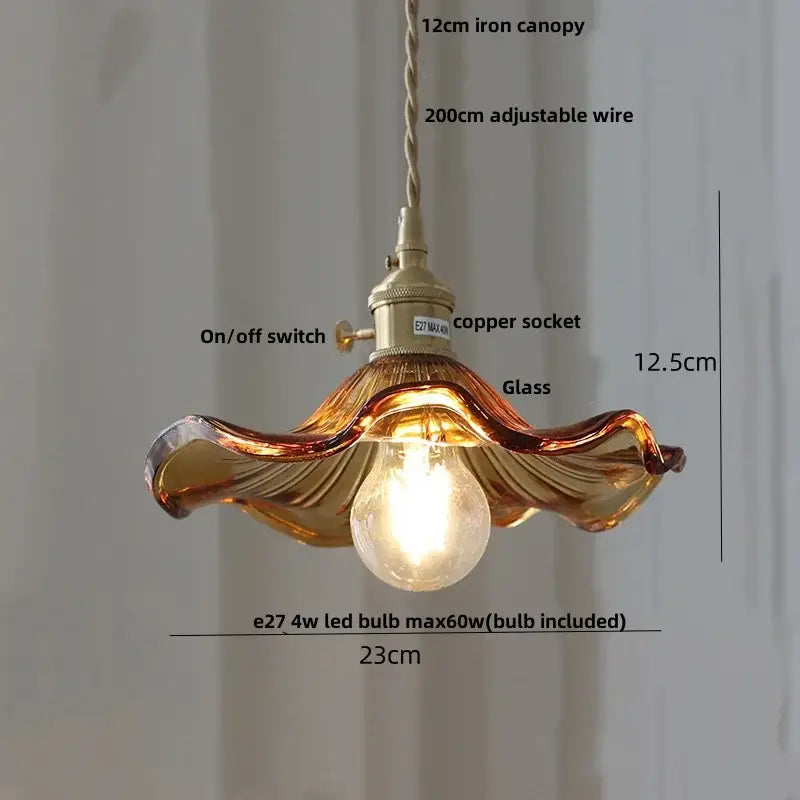 Modern amber glass led pendant lamp with copper socket and adjustable wire for dining room walnut wood accent