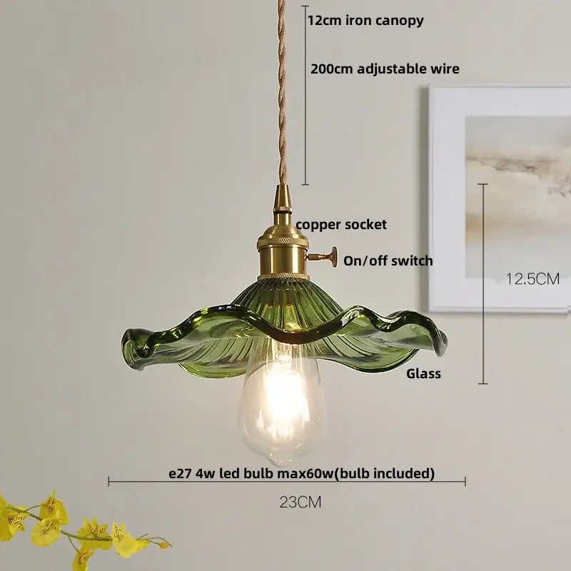 Green glass leaf-shaped pendant lamp with brass copper socket and adjustable wire suspension for modern dining rooms
