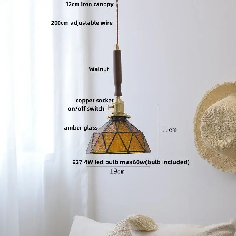Modern amber glass led pendant light with 12cm iron canopy walnut wood handle and copper socket for dining room decorbites amber glass