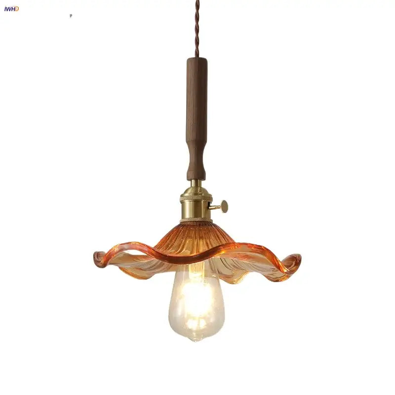 Modern amber glass led pendant light with warm amber glass, wooden handle, and brass hardware for dining room decorbites amber glass