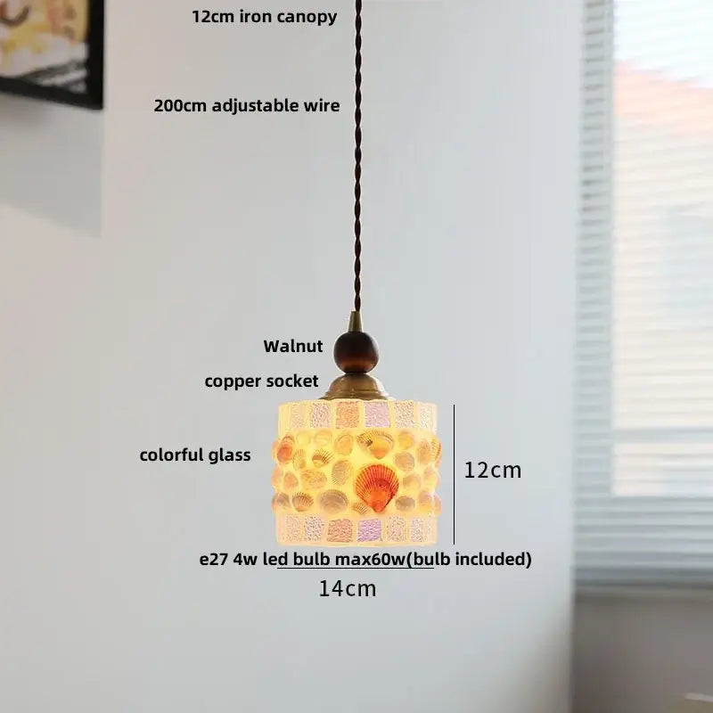 Modern amber glass led pendant light with colorful mosaic glass and seashells, suspended from walnut copper socket