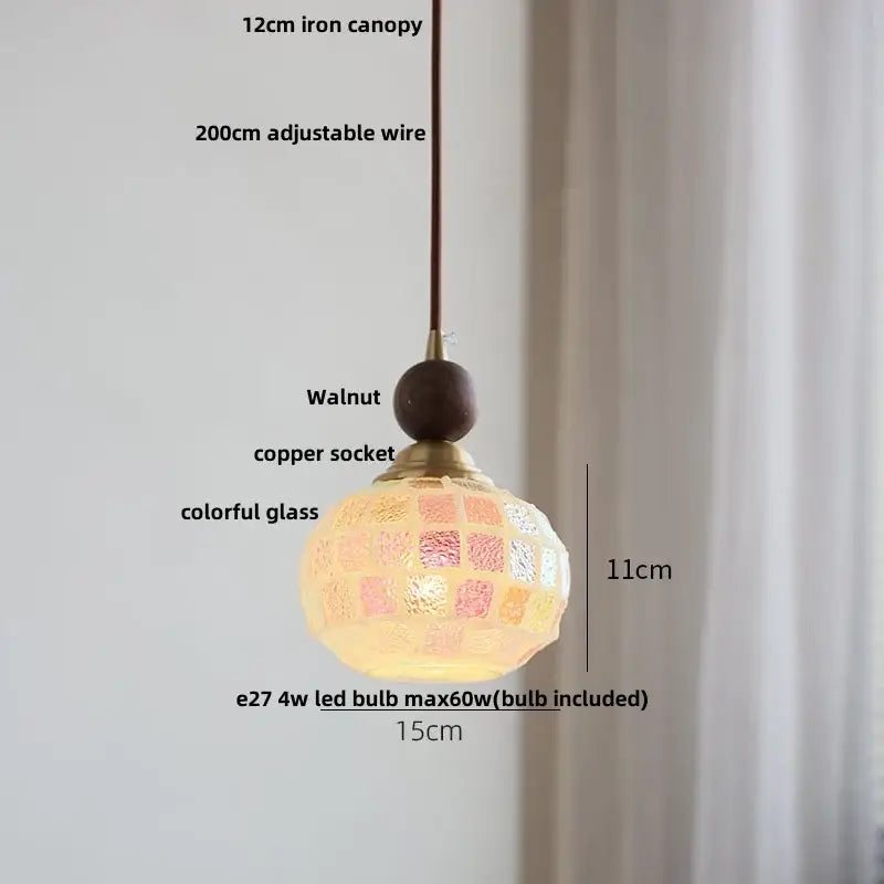 Modern amber glass led pendant light with spherical colorful mosaic glass panels and walnut finial for dining room