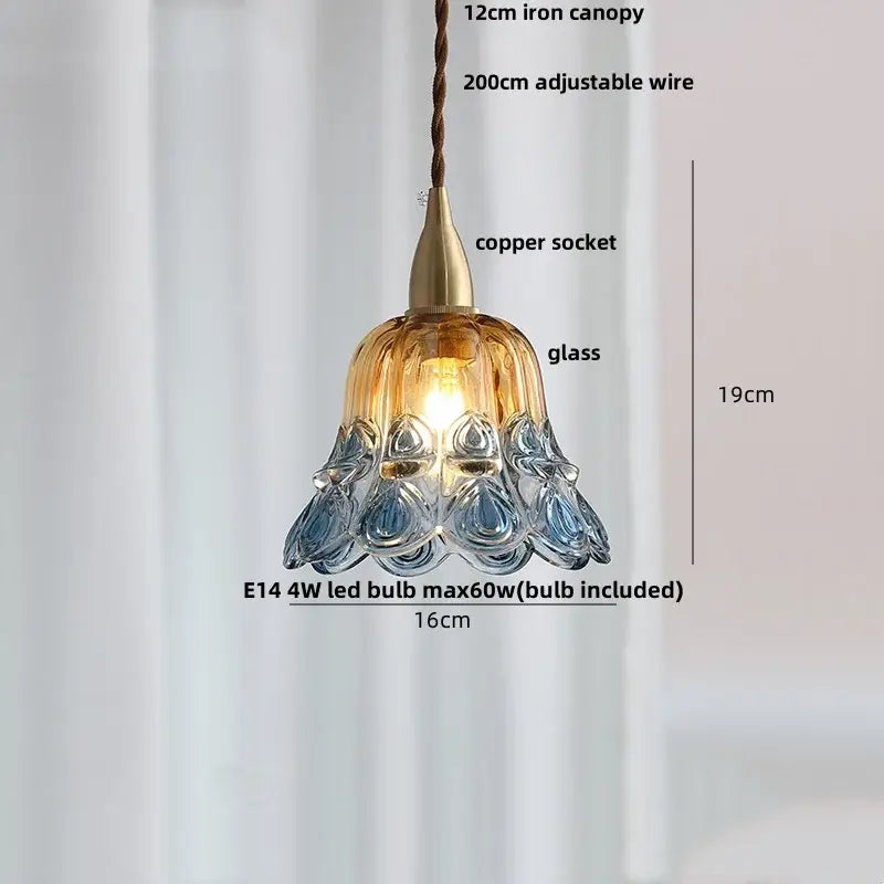 Modern amber glass led pendant light with delicate amber-tinted glass and copper socket for kitchen use
