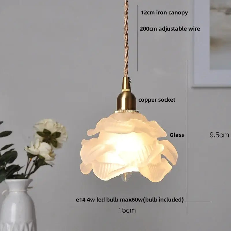 Modern amber glass led pendant light featuring a delicate translucent rose shape with brass copper socket and adjustable wire suspension