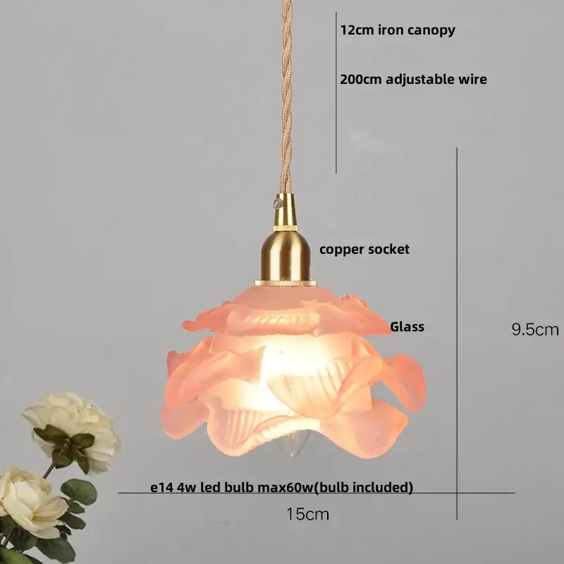 Modern amber glass led pendant light with delicate peach glass flower shade brass copper socket and twisted iron canopy