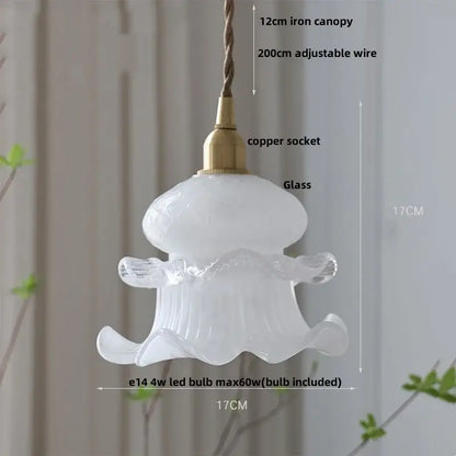 White glass led pendant light with frosted flower-like design and brass copper socket for modern kitchen lighting