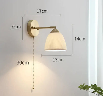 Modern brass wall lamp with cream pleated glass shade and pull chain led wall lamp for bedroom lighting