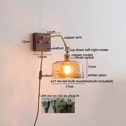 Modern amber glass led wall sconce with copper arm and walnut wall plate for bedroom decorbites led wall lighting