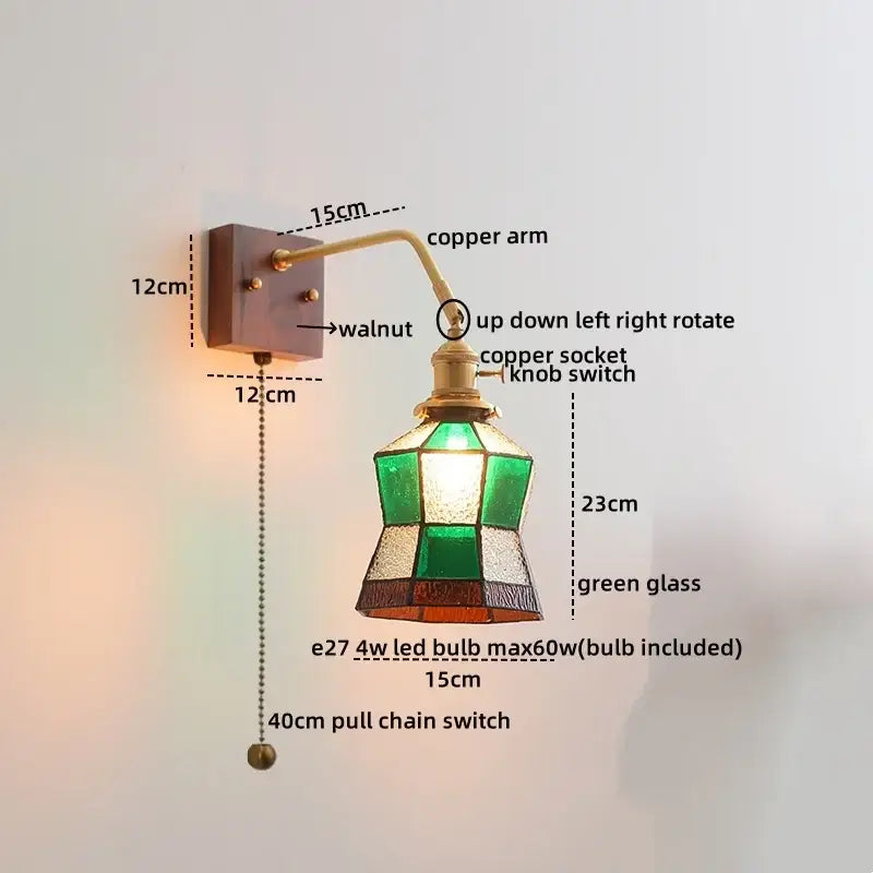 Modern amber glass led wall sconce with copper arm walnut mounting plate and stained green glass for bedroom decorbites led wall use