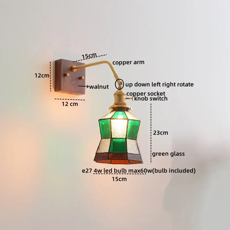 Modern amber glass led wall sconce with copper arm, walnut mount, and stained glass shade for bedroom decorbites led wall use
