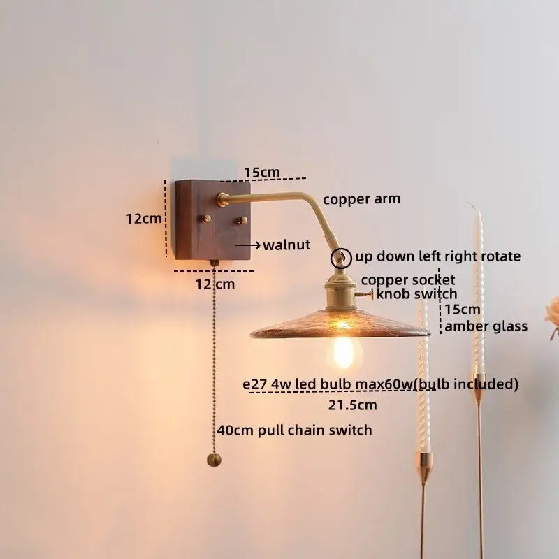Modern amber glass led wall sconce with copper arm, walnut base, and e27 led bulb for stylish bedroom decorbites led wall lighting