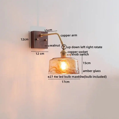 Modern amber glass led wall sconce with copper arm and walnut mounting plate for stylish bedroom decorbites led wall lighting