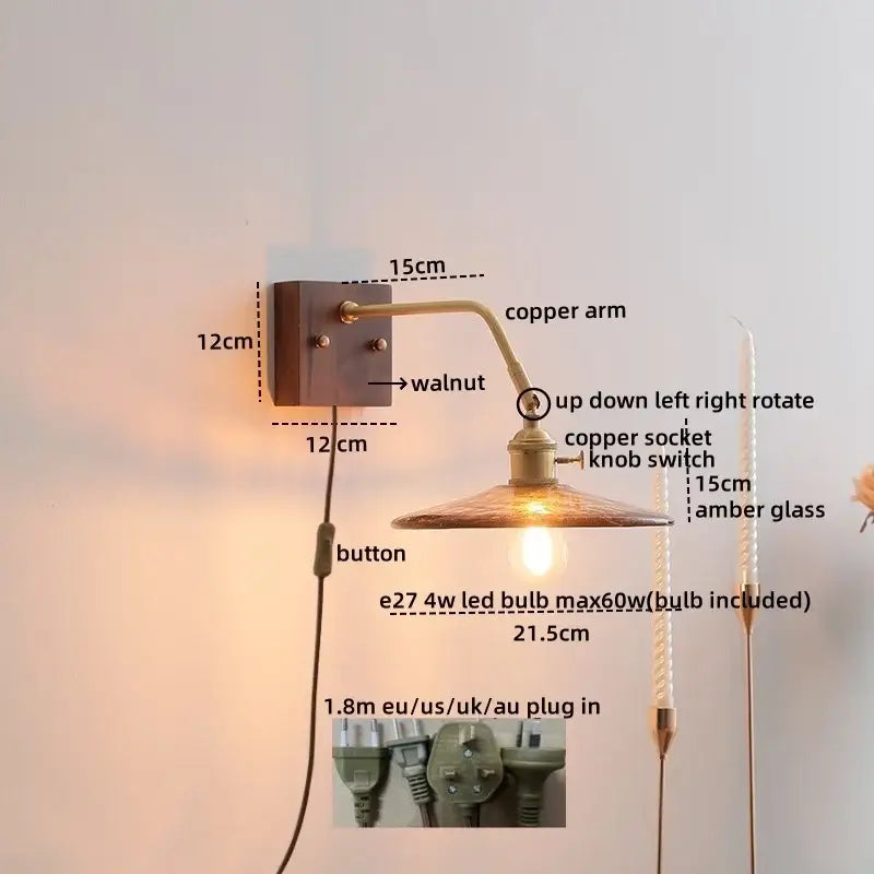 Modern amber glass led wall sconce with copper arm and walnut mounting plate ideal for bedroom decorbites led wall lighting