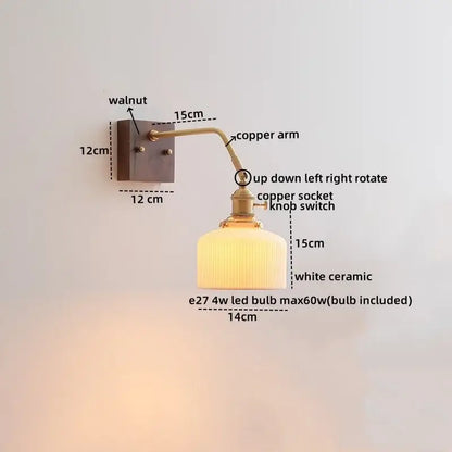 Modern amber glass led wall sconce with walnut mount copper arm and ribbed white ceramic shade for decorbites led wall use