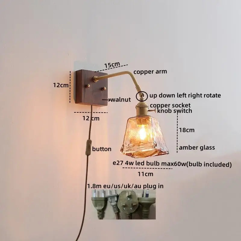 Copper-arm led wall sconce with faceted amber glass shade and walnut-finished mounting plate for bedroom decorbites led wall use
