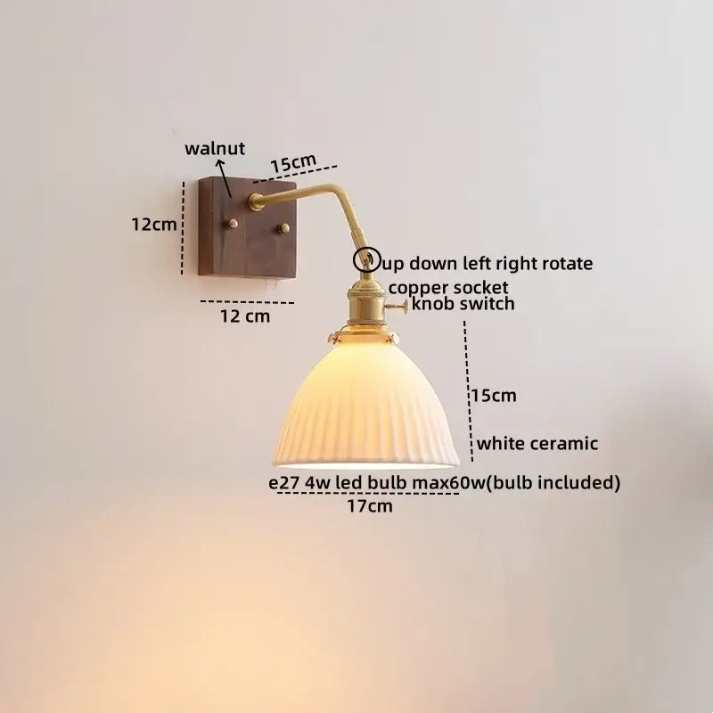 Modern amber glass led wall sconce with brass pull chain, vintage-style walnut base and white ceramic shade decorbites led wall