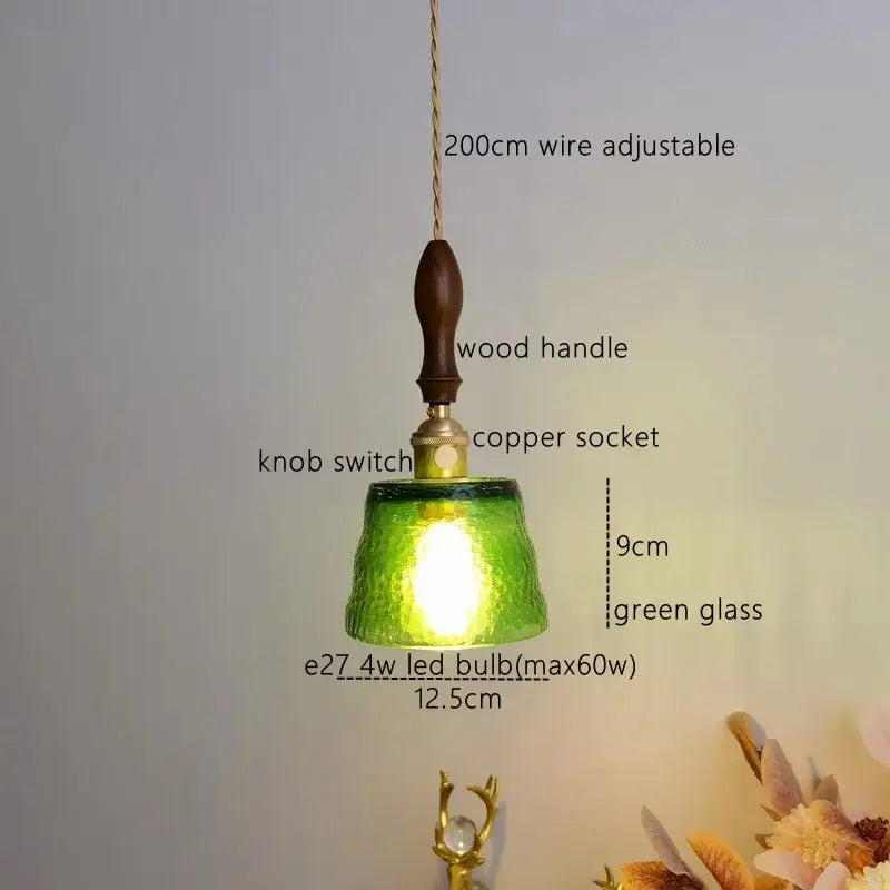 Modern amber glass pendant light with green textured glass, wooden handle, and copper socket for dining room decorbites amber pendant