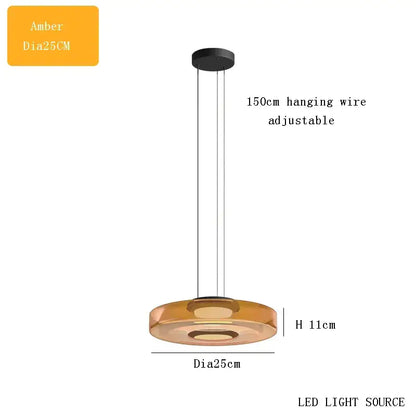 Modern amber glass plate ceiling pendant light featuring a circular design with led light source for dining room