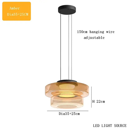 Modern amber glass plate ceiling pendant light with double-tiered design and black mount for dining room use