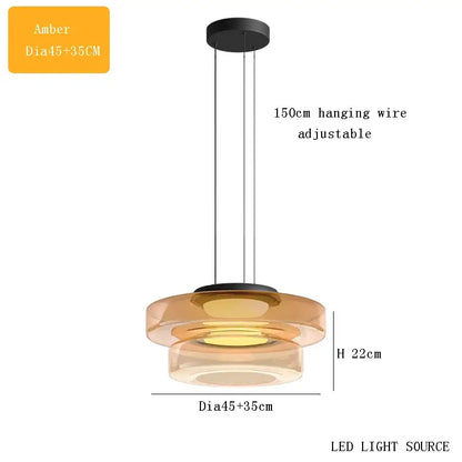 Modern amber glass plate ceiling pendant light with layered design and black mount for dining room illumination