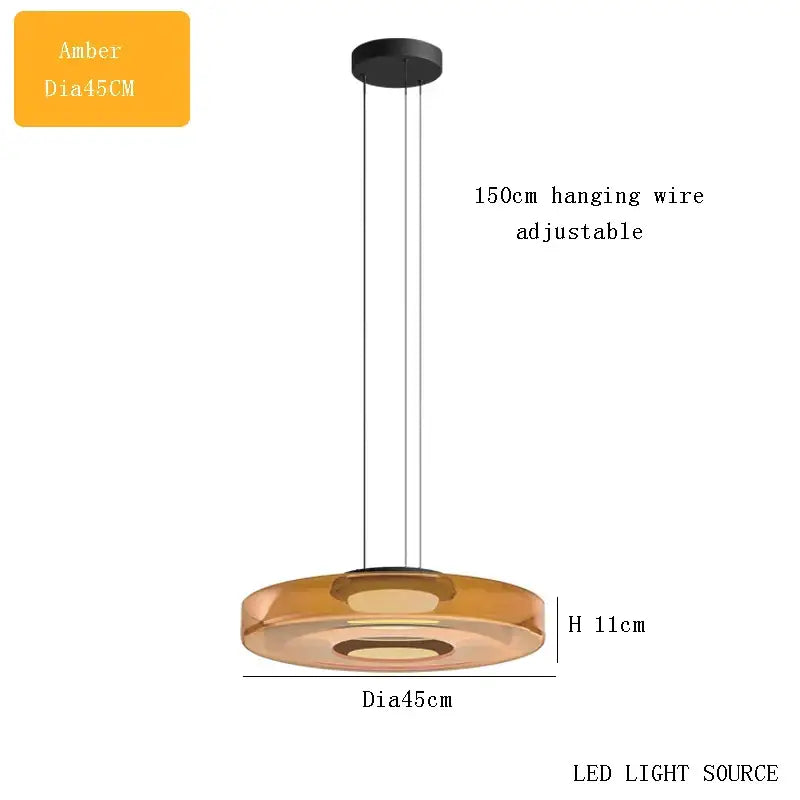 Modern amber glass plate ceiling pendant light with circular design and led light source for dining room use