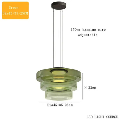 Modern green tiered glass pendant light with adjustable 150cm wire and led lighting for glass plate ceiling pendant use