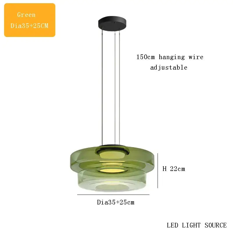Modern green glass pendant light with sleek layered circular design and adjustable hanging wire for glass plate ceiling use