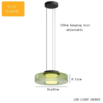 Modern green glass plate ceiling pendant light with circular translucent design and black metal hardware for dining room