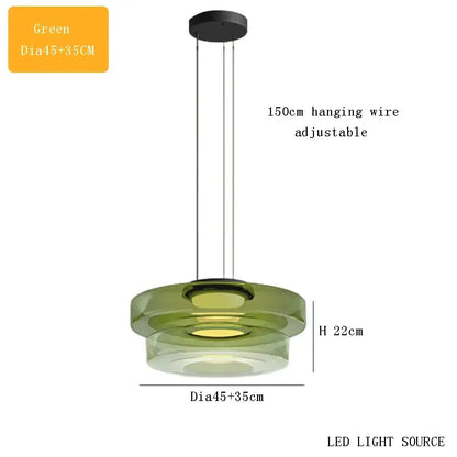 Modern green glass pendant light with sleek layered circular design and adjustable 150cm hanging wire for dining room plate ceiling pendant