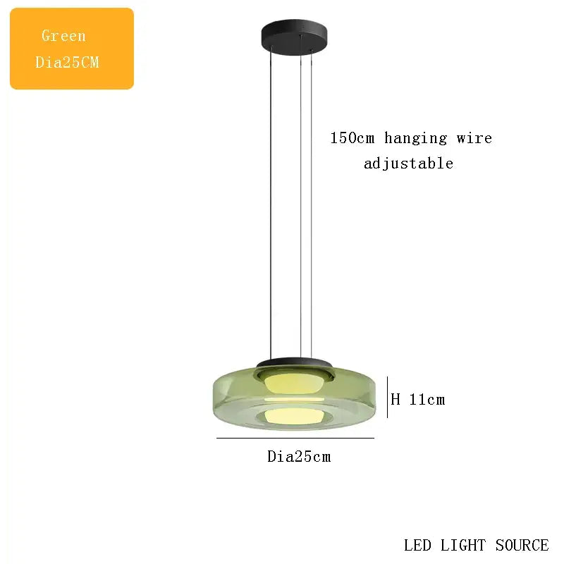 Modern green glass plate ceiling pendant light with sleek circular design and black metal hardware for dining room