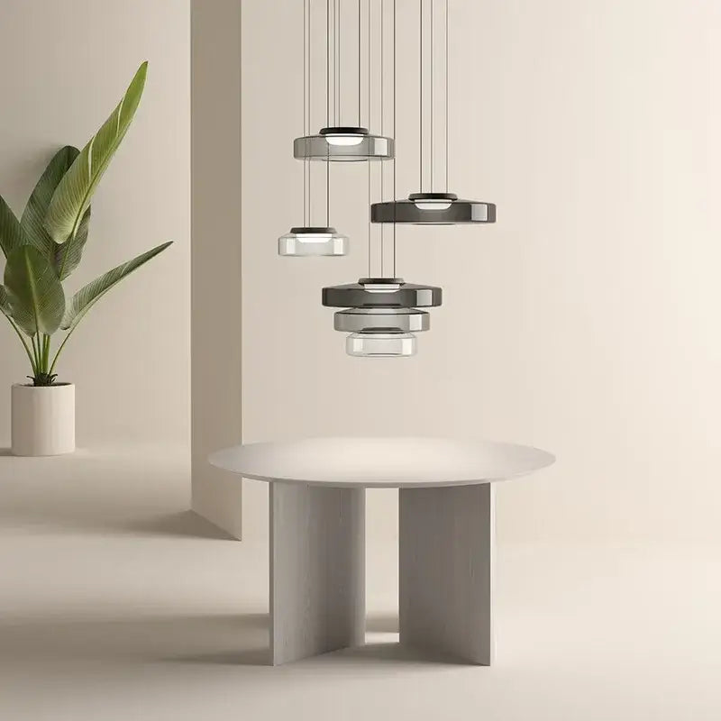 Modern amber glass plate ceiling pendant light with sleek silver and dark gray glass plate pendant shades for dining room