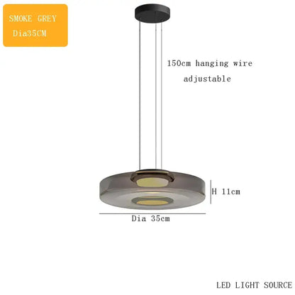 Modern amber glass plate ceiling pendant light with smoke grey circular led pendant and adjustable 150cm wire
