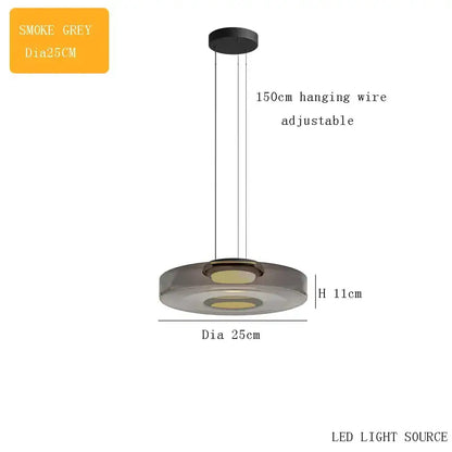 Smoke grey glass plate ceiling pendant light with sleek modern design and adjustable 150cm hanging wire for dining room