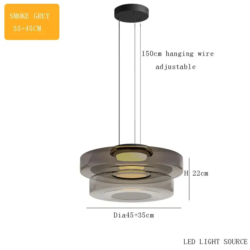 Smoke grey tiered circular glass plate ceiling pendant light with modern minimalist design and adjustable hanging wire
